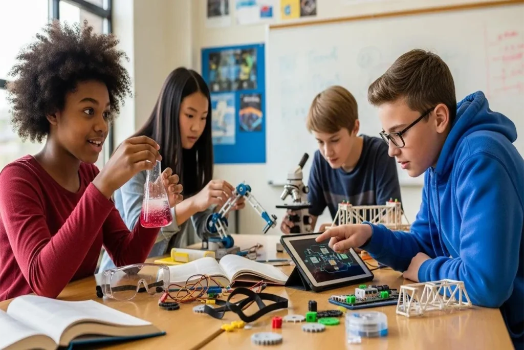 Middle school students exploring STEM concepts through practical science activities