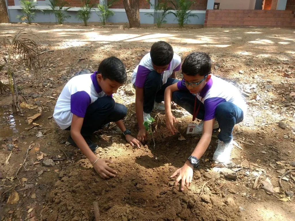Middle school students planting trees during an Environmental Science and Local Ecology activity