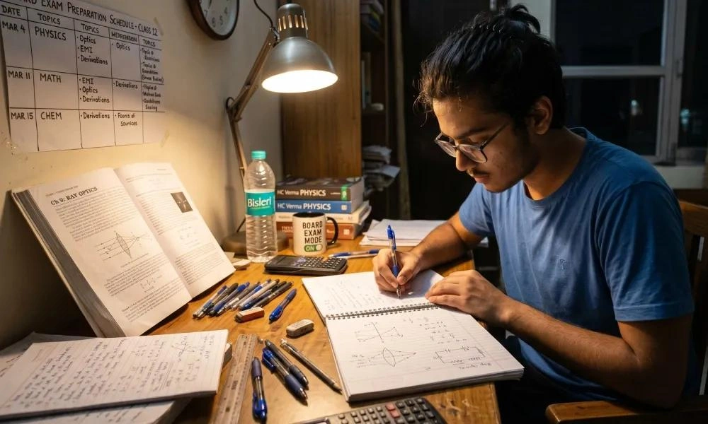Student solving Physics, Chemistry, and Mathematics board exam questions