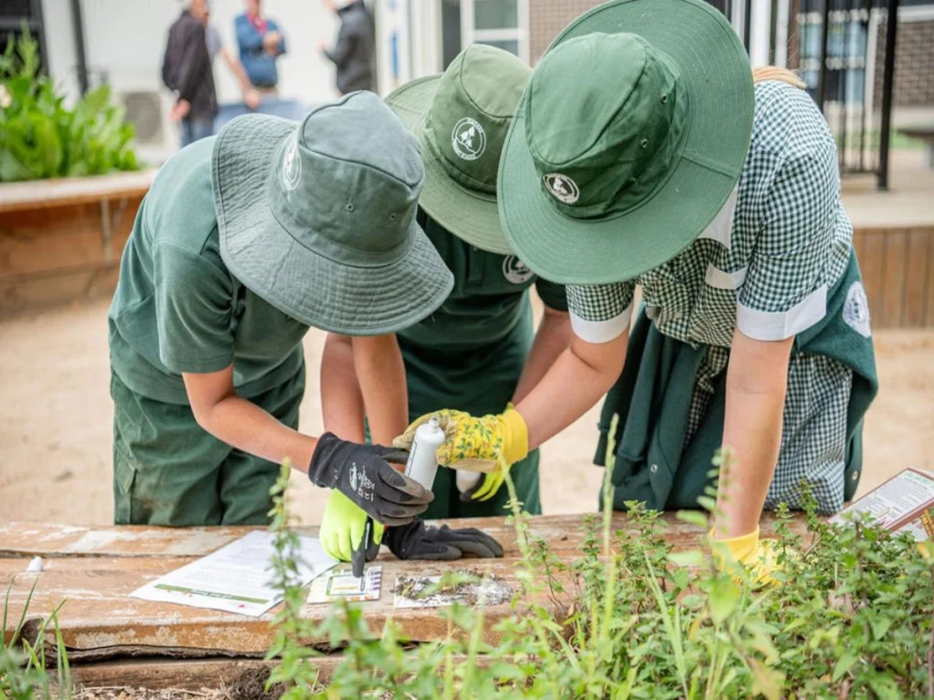 Students performing environmental science experiments in a school eco-garden