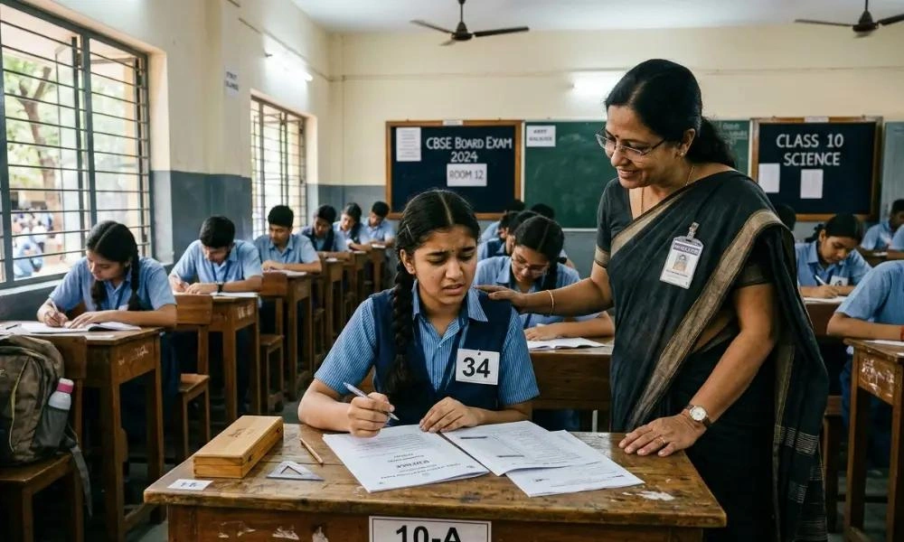Teacher mentoring Class 10 students during Science board exam preparation